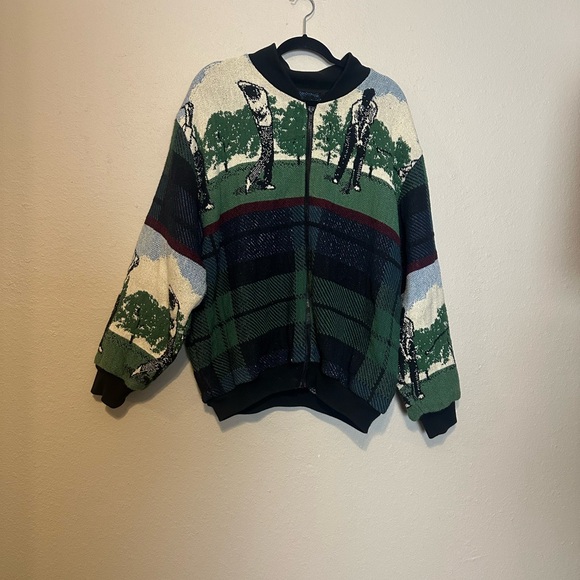 Vintage‎ Y2K All Over Golf Print Heavy Sweater Jacket